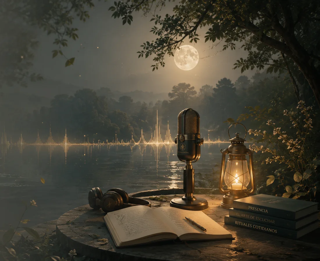 Un micrófono junto al lago, con un diario abierto y una onda de luz sobre el agua