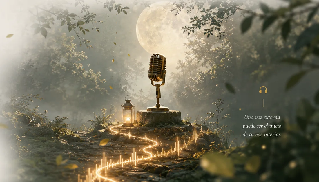 Un micrófono dorado en un claro del bosque, bajo la luna, con un sendero de luz